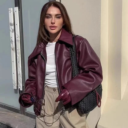 Autumn Winter Retro Leather Jacket 2026 New Women's PU Leather Jacket Short Lapel Motorcycle Loose Coat Women's Biker Leather Coat