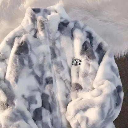Nueva chaqueta de lana de cordero teñida anudada para mujer, prendas de vestir exteriores con cremallera para otoño e invierno, chaquetas cálidas de felpa, abrigo grueso holgado informal Harajuku para mujer