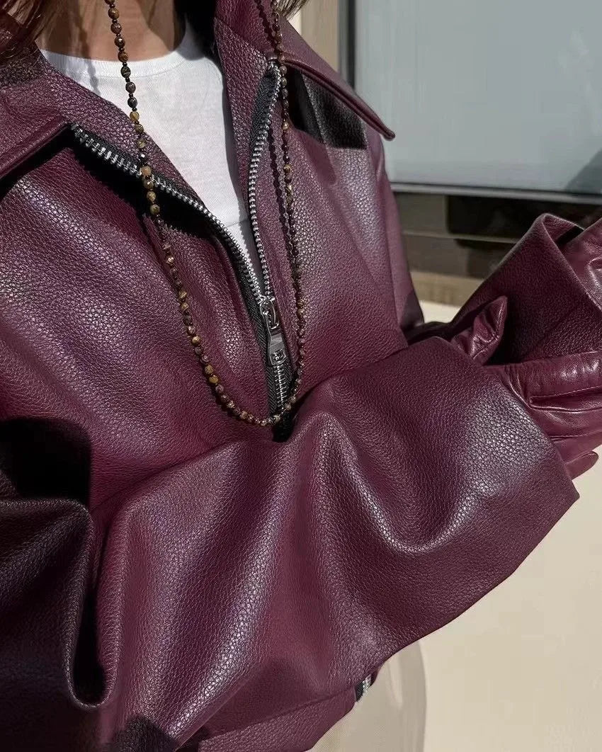 Autumn Winter Retro Leather Jacket 2026 New Women's PU Leather Jacket Short Lapel Motorcycle Loose Coat Women's Biker Leather Coat