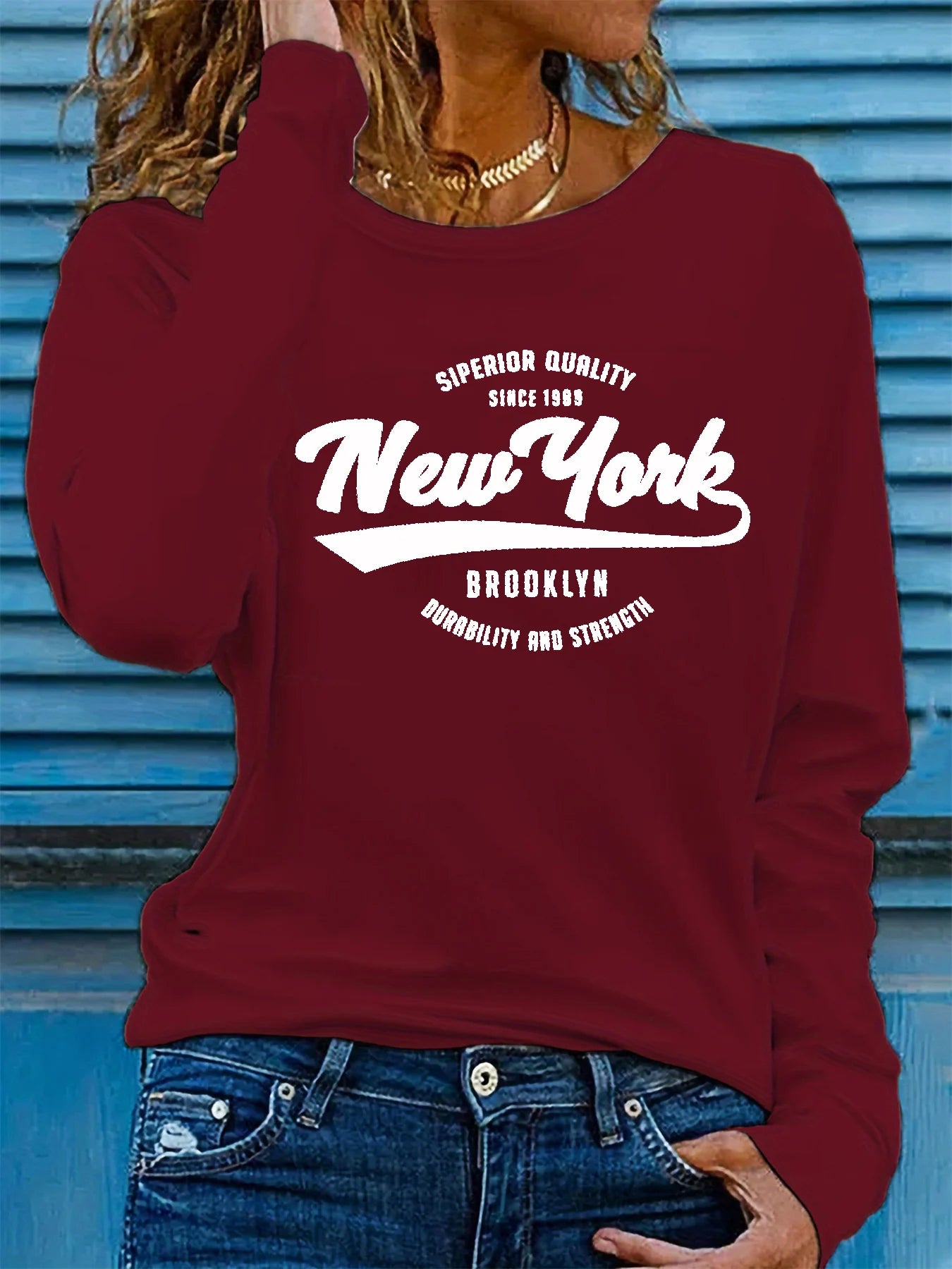 Women's 100% Pure Cotton T-Shirt, Loose and Comfortable NEW YORK Letter Print Long Sleeve Round Neck Top, Spring and Autumn