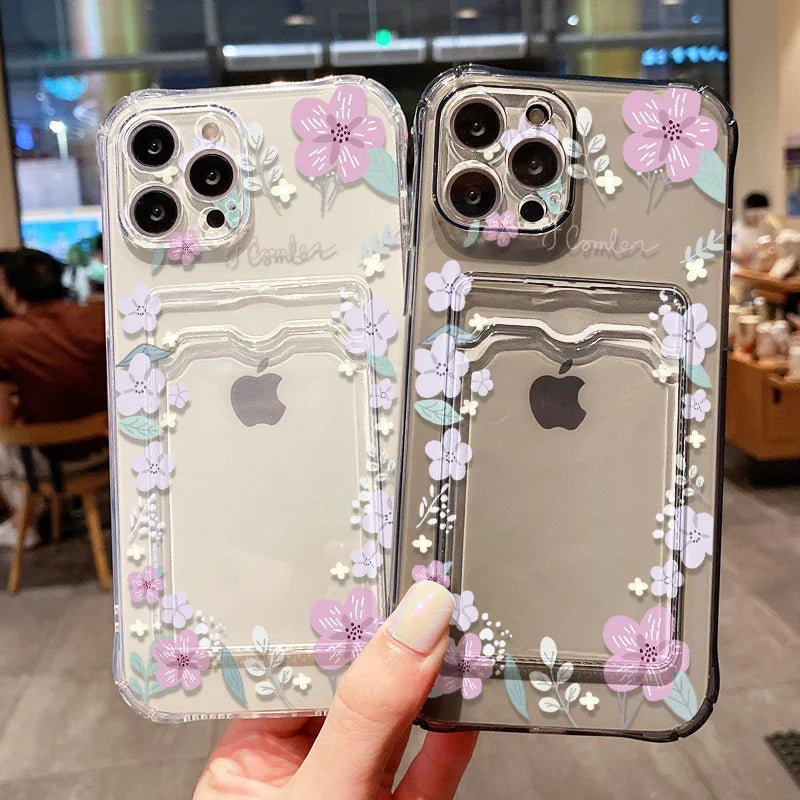 Soft Card Holder Phone Case for iPhone 13, 11, 16e, 15, 12, 14, 17, 16 Pro Max, 7 Plus, XR SE, Clear Aesthetic Flower Cover