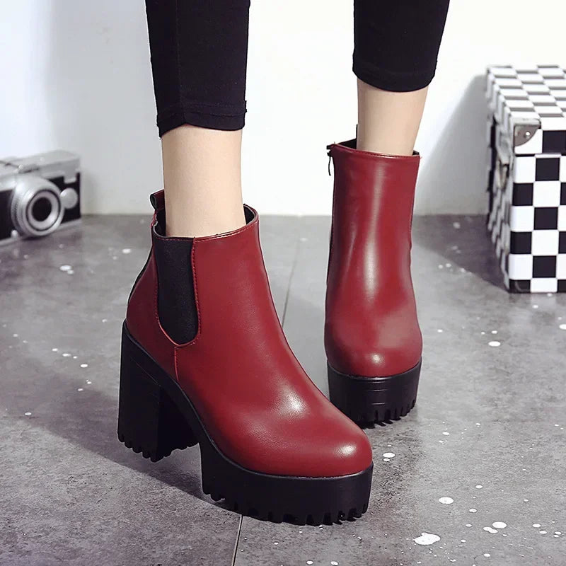 Botas de tacón cuadrado para Mujer, Zapatos con plataforma, de cuero PU, hasta el muslo, para motocicleta