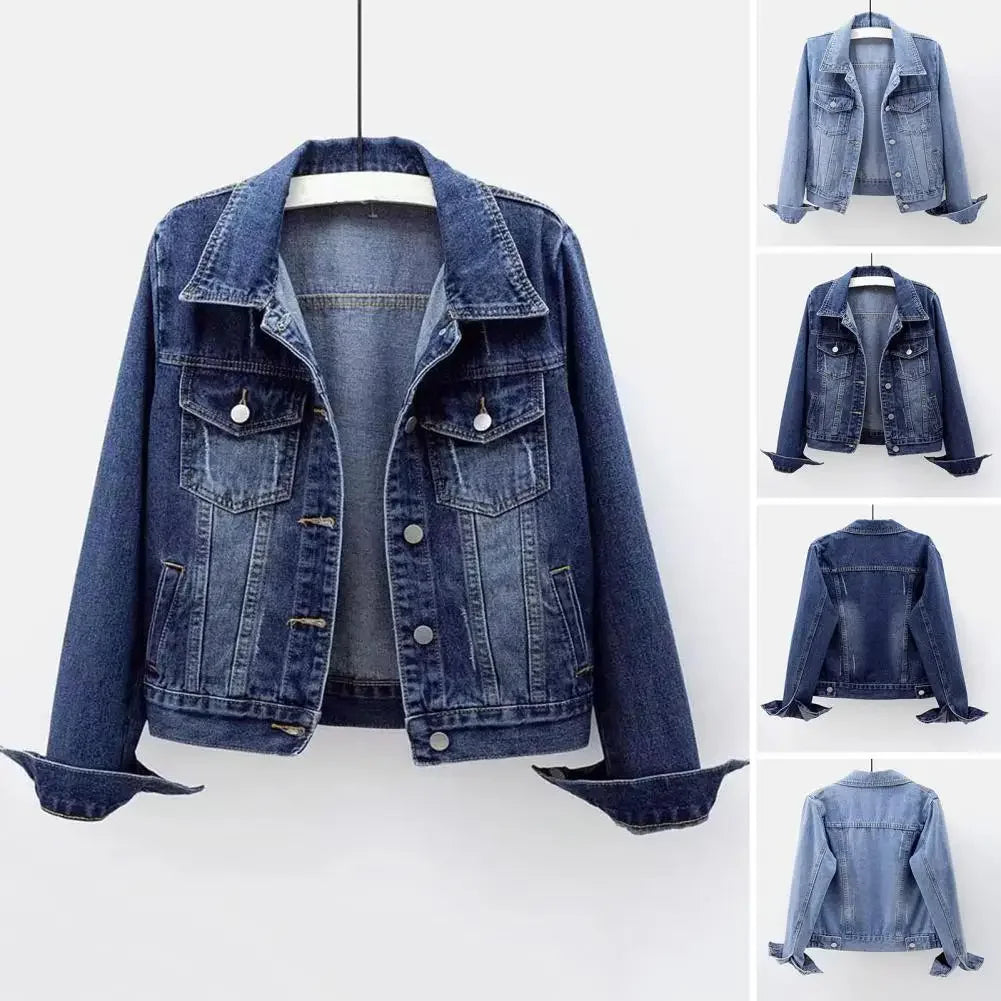 Chaqueta vaquera para mujer, chaqueta con solapa en el pecho y un solo pecho, abrigo corto ajustado de manga larga, chaquetas vaqueras Retro para mujer, prendas de vestir exteriores