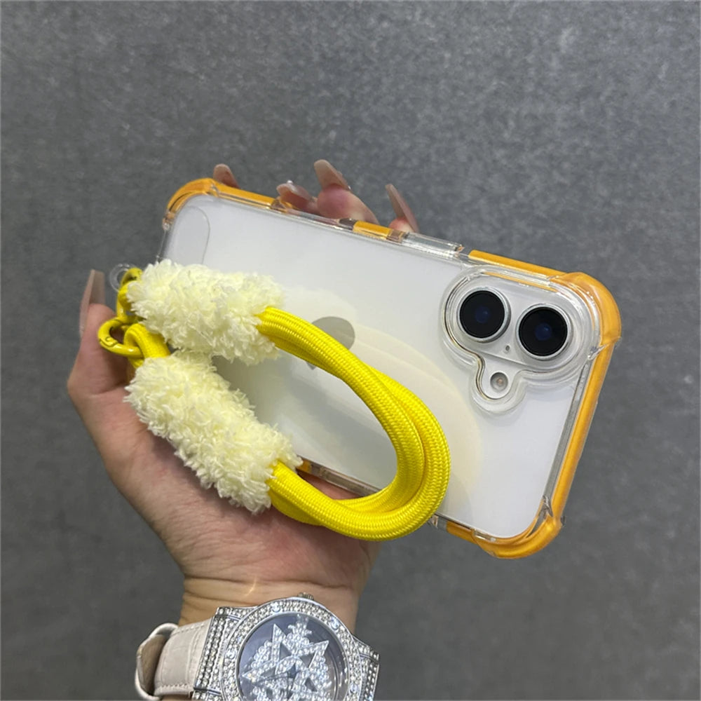 Armadura de parachoques híbrida transparente con correa para la muñeca para iPhone 15 11 12 13 14 16 Pro Max Plus X XS XR cubierta de bolsa de aire a prueba de golpes.