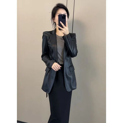 Chaqueta de cuero negro de gama alta para mujer, chaqueta de traje de cuero PU ajustada a la moda para primavera y otoño, ropa de motocicleta 2026