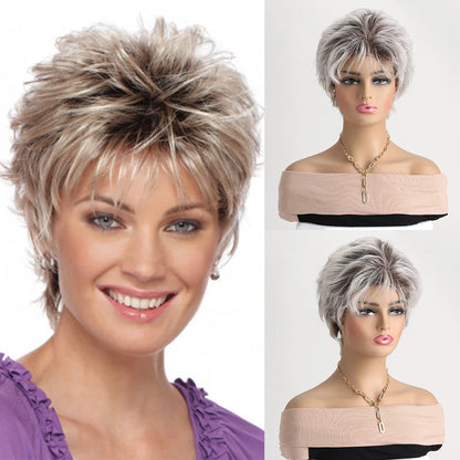 Pelucas naturales cortas con flequillo, pelo suave para mamá, uso diario, pelo sintético rizado corto gris ombré, peluca de fiesta para disfraz para mujer