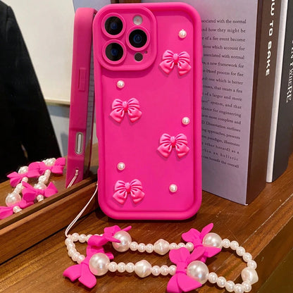Funda de teléfono de silicona con lazo 3D coreano para iPhone 16 17 Pro 15 14 13 12 11 Pro Max 16E 7 8 Plus con funda suave con cordón