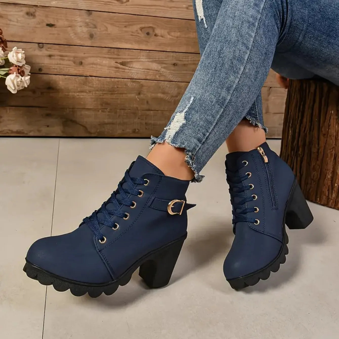 Botas antideslizantes con cordones para Mujer, zapatos De tacón alto, moda al aire libre, alta calidad, Otoño e Invierno