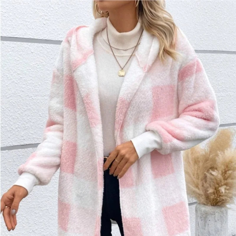 Cárdigan a cuadros de doble lana para mujer, chaqueta suave holgada de manga larga de felpa cálida con capucha, abrigo de retales para mujer, Otoño e Invierno