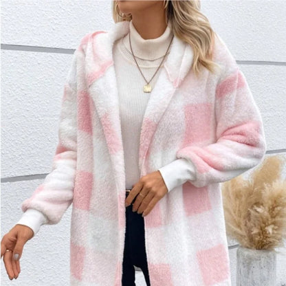 Cárdigan a cuadros de doble lana para mujer, chaqueta suave holgada de manga larga de felpa cálida con capucha, abrigo de retales para mujer, Otoño e Invierno