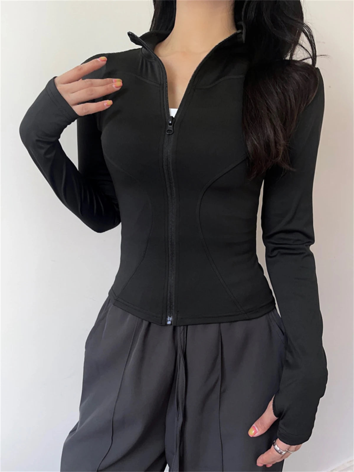 Chaqueta deportiva con cremallera para mujer, Top ajustado de manga larga para correr y Fitness, abrigo liso de secado rápido para Yoga, ropa informal sencilla