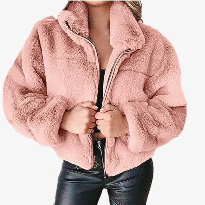 Chaqueta cálida de invierno para mujer, cárdigan con cremallera, piel sintética, moda, manga larga, cuello levantado, abrigo de felpa para mujer