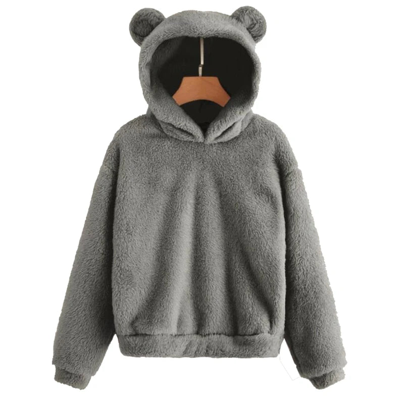 Moda coreana de invierno con orejas de oso, Sudadera con capucha holgada y esponjosa, sudadera cálida, Top de manga larga, jersey liso, ropa para mujer