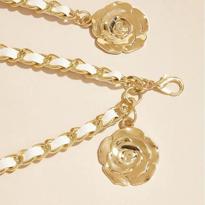 Cinturones de cadena de Metal de alta calidad para mujer, colgante de flor redonda, correa de cadena, cuerda, pretina fina para vestido, decoración de camisa.