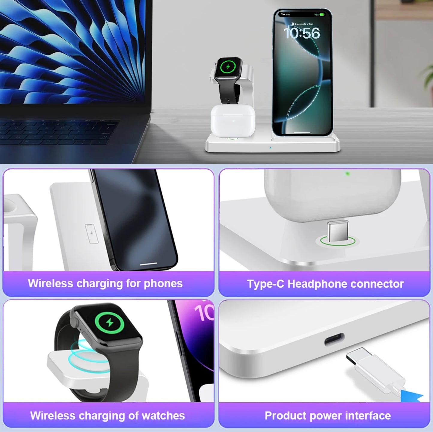 Cargador inalámbrico 3 en 1 para iPhone 16, 15, 14, 13, 12 Pro Max, estación de carga rápida para iWatch 10, 9, 8, Airpods 3, soporte de inducción