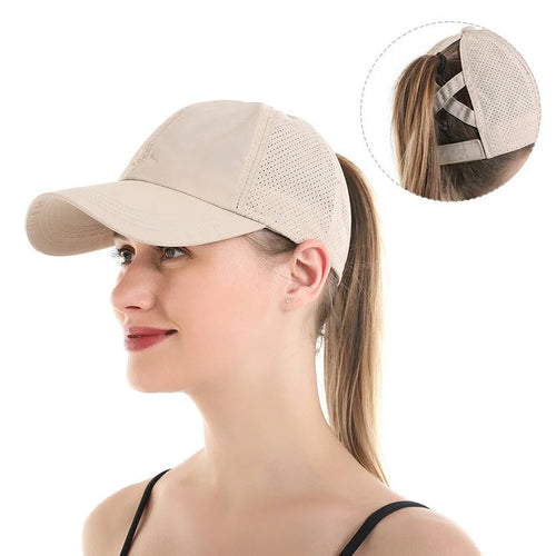 Gorra de béisbol de Color liso para mujer, sombrero de cola de caballo cruzada, malla de secado rápido, visera, Verano