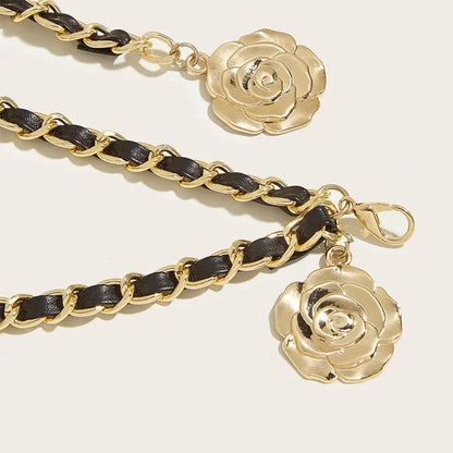 Cinturones de cadena de Metal de alta calidad para mujer, colgante de flor redonda, correa de cadena, cuerda, pretina fina para vestido, decoración de camisa.