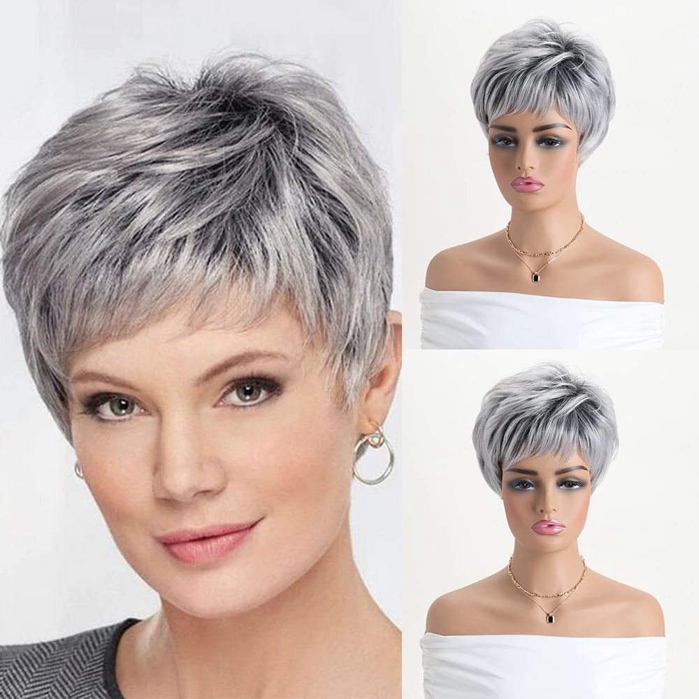Pelucas naturales cortas con flequillo, pelo suave para mamá, uso diario, pelo sintético rizado corto gris ombré, peluca de fiesta para disfraz para mujer