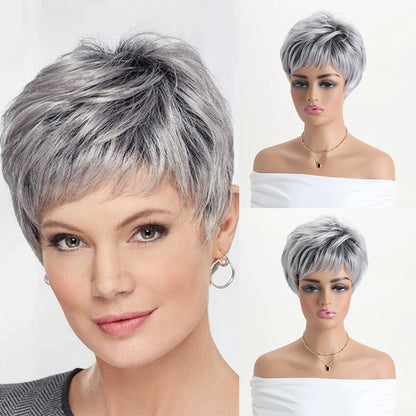 Pelucas naturales cortas con flequillo, pelo suave para mamá, uso diario, pelo sintético rizado corto gris ombré, peluca de fiesta para disfraz para mujer