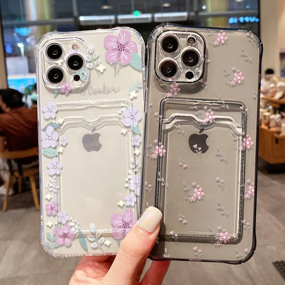 Soft Card Holder Phone Case for iPhone 13, 11, 16e, 15, 12, 14, 17, 16 Pro Max, 7 Plus, XR SE, Clear Aesthetic Flower Cover
