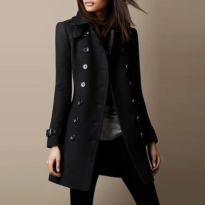 Women's Winter Wool Coats, Lapel Double Breasted Top Coat, Solid Color Slim Elegant Ladies Overcoat.