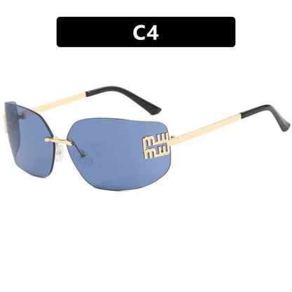 Gafas sin montura de lujo de Metal Funky para mujer, gafas clásicas con remaches de diseñador de marca, gafas de curvas con gradiente rectangular para mujer