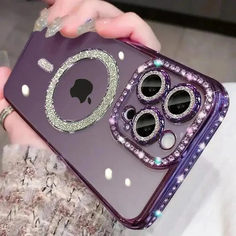 Luxury Bling Crystal Lens Film Case for iPhone 15 16 11 12 13 14 Pro Max 16 Plus Magsafe Magnetic Wireless Charging Clear Cover