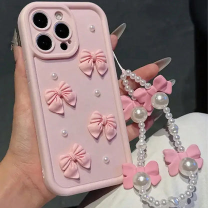 Funda de teléfono de silicona con lazo 3D coreano para iPhone 16 17 Pro 15 14 13 12 11 Pro Max 16E 7 8 Plus con funda suave con cordón