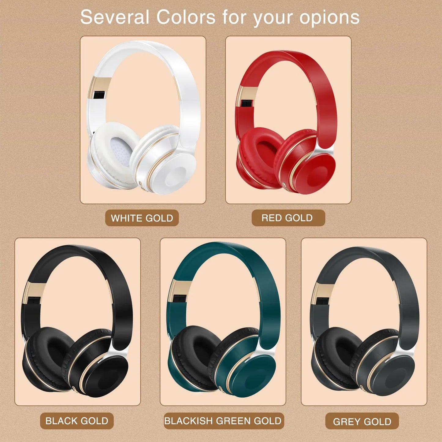 Bluetooth 2026 Wireless Headphones, On-Ear Stereo Headset with SD Card Support and Microphone for iPhone, Samsung, and Tablets