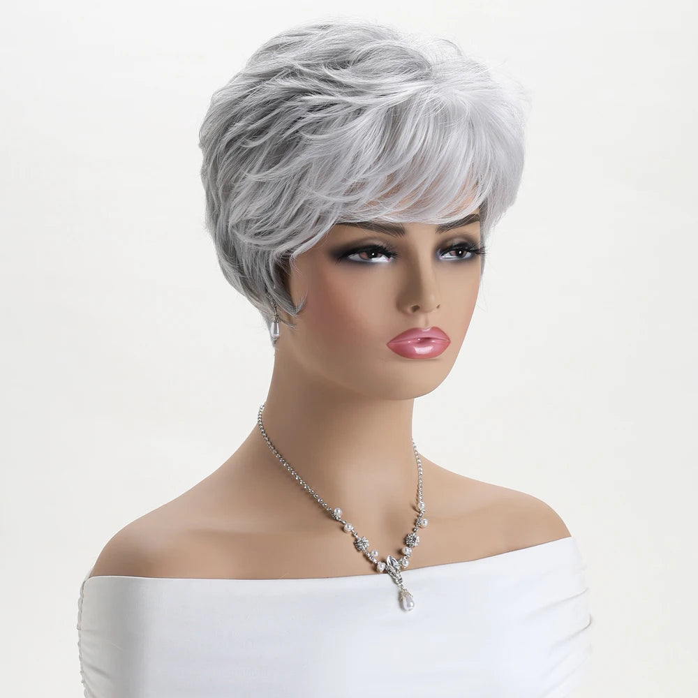 Pelucas naturales cortas con flequillo, pelo suave para mamá, uso diario, pelo sintético rizado corto gris ombré, peluca de fiesta para disfraz para mujer