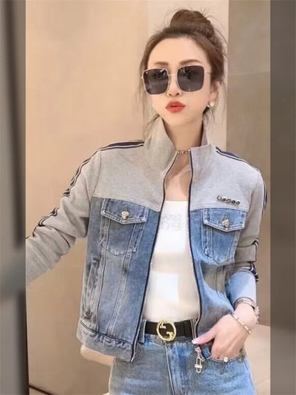 Otoño mujer cuello alto cremallera Denim abrigo coreano señoras Patchwork vaquero prendas de vestir 2025 mujer chaqueta vaquera de manga larga