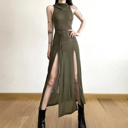 Verano Sexy estilo europeo y americano sin mangas vestido con capucha largo dividido ahueca hacia fuera el vestido de las mujeres de Color puro
