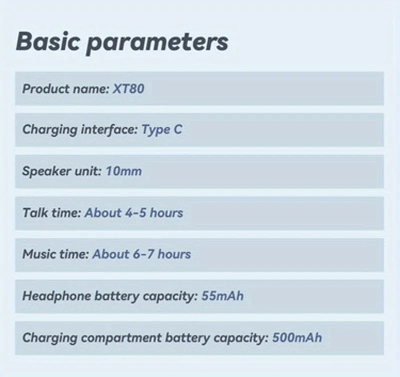 XT80 auriculares inalámbricos Bluetooth 5,3 auriculares verdaderos con micrófono Control de botón reducción de ruido ganchos para las orejas auriculares impermeables