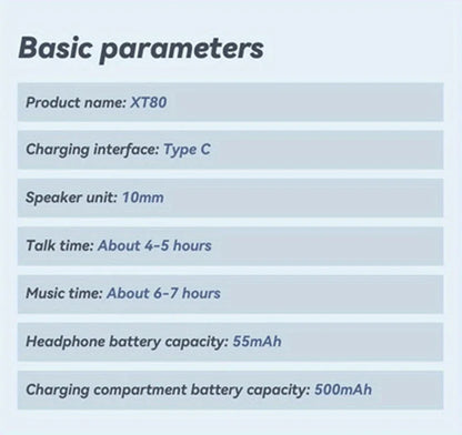 XT80 auriculares inalámbricos Bluetooth 5,3 auriculares verdaderos con micrófono Control de botón reducción de ruido ganchos para las orejas auriculares impermeables