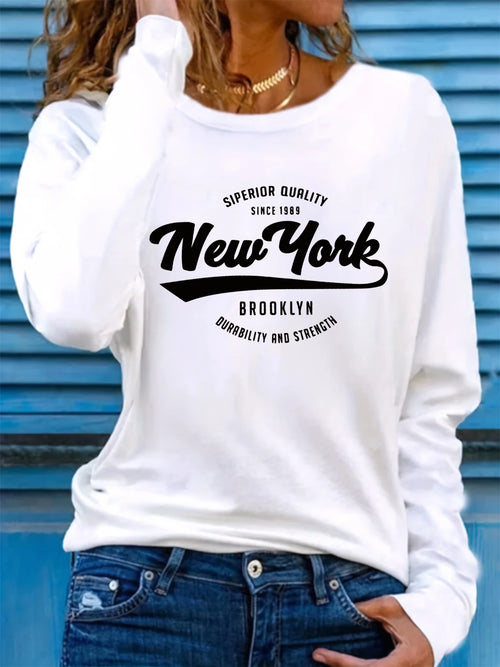 Women's 100% Pure Cotton T-Shirt, Loose and Comfortable NEW YORK Letter Print Long Sleeve Round Neck Top, Spring and Autumn