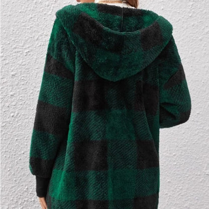 Cárdigan a cuadros de doble lana para mujer, chaqueta suave holgada de manga larga de felpa cálida con capucha, abrigo de retales para mujer, Otoño e Invierno