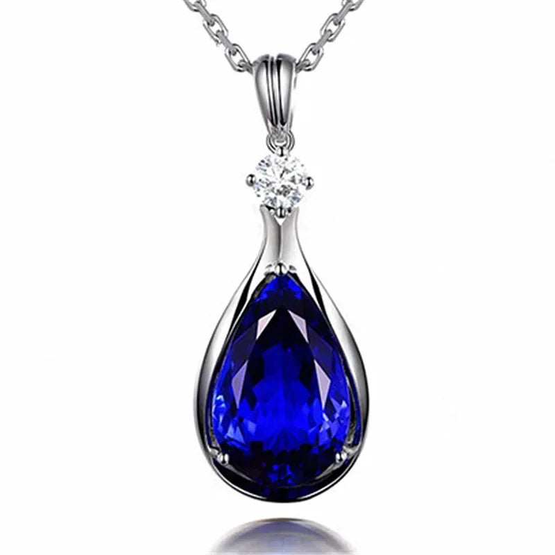Luxury Necklace for Women, 925 Sterling Silver Jewelry Accessories, Waterdrop Shape Sapphire Zircon Gemstone Pendant, Wedding Party Gift