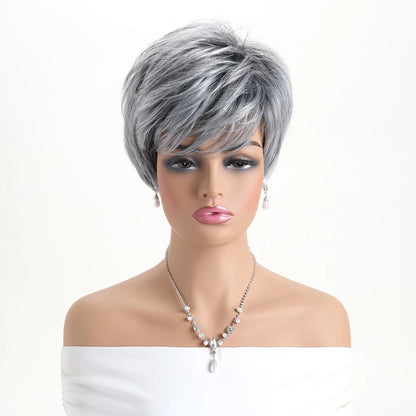 Pelucas naturales cortas con flequillo, pelo suave para mamá, uso diario, pelo sintético rizado corto gris ombré, peluca de fiesta para disfraz para mujer