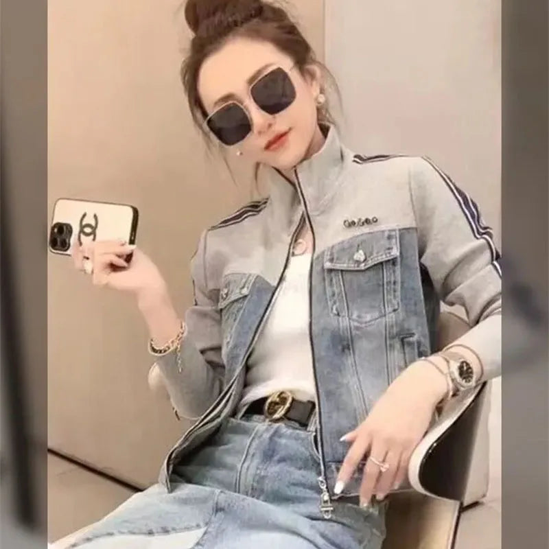 Otoño mujer cuello alto cremallera Denim abrigo coreano señoras Patchwork vaquero prendas de vestir 2025 mujer chaqueta vaquera de manga larga
