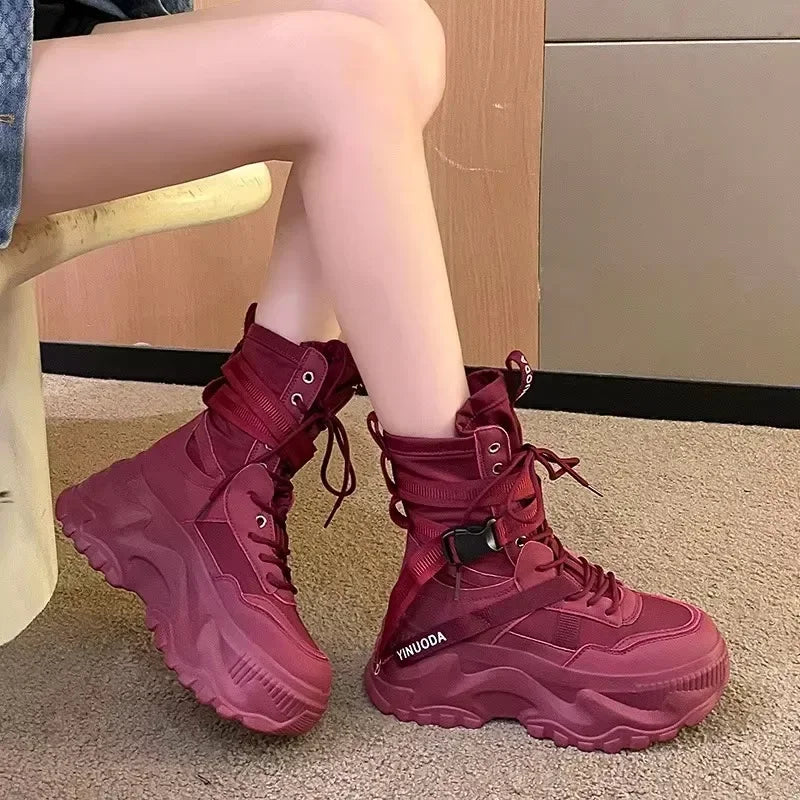 Botas De moto con plataforma gruesa para Mujer, zapatos blancos con cordones y parte inferior gruesa, botines De Mujer para Otoño e Invierno