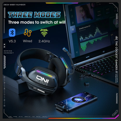 Onikuma Gt808 Tres modos con micrófono E-Sports Auriculares inalámbricos para juegos Iluminación Rgb Compatible con Bluetooth 5.3 / 2.4g / Aux 3,5 mm