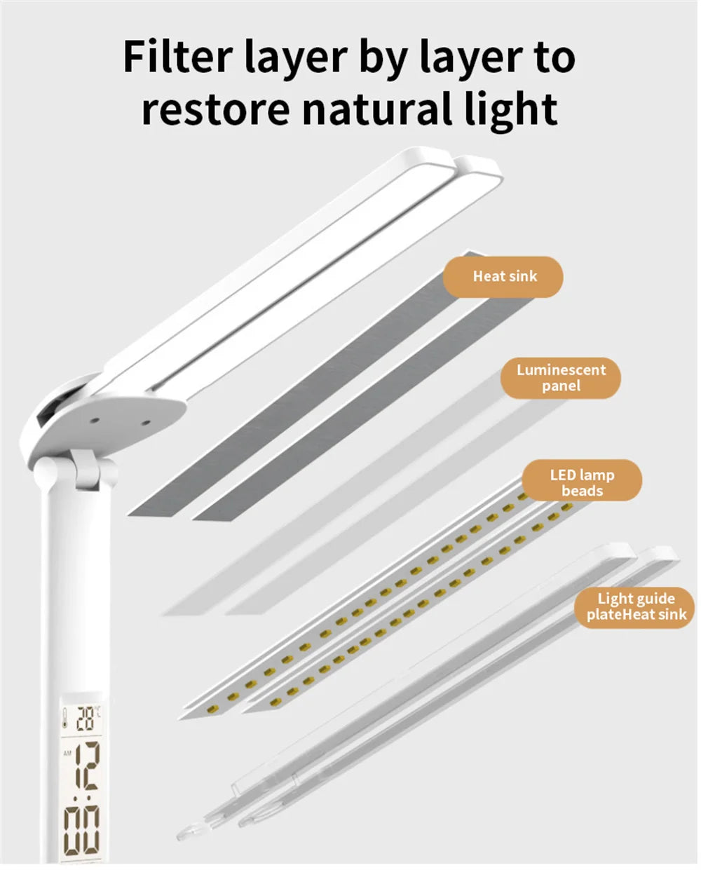 Lámpara de escritorio LED, lámpara de mesa plegable táctil regulable por USB con calendario, reloj de temperatura, luz nocturna para estudio, lámpara de lectura