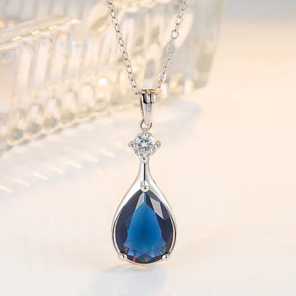 Luxury Necklace for Women, 925 Sterling Silver Jewelry Accessories, Waterdrop Shape Sapphire Zircon Gemstone Pendant, Wedding Party Gift