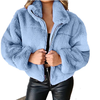 Chaqueta cálida de invierno para mujer, cárdigan con cremallera, piel sintética, moda, manga larga, cuello levantado, abrigo de felpa para mujer