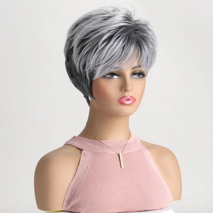 Pelucas naturales cortas con flequillo, pelo suave para mamá, uso diario, pelo sintético rizado corto gris ombré, peluca de fiesta para disfraz para mujer