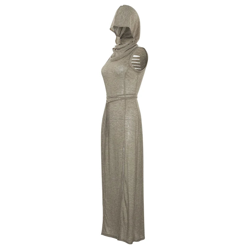 Verano Sexy estilo europeo y americano sin mangas vestido con capucha largo dividido ahueca hacia fuera el vestido de las mujeres de Color puro