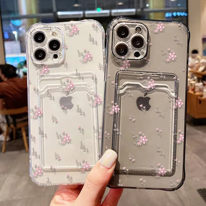 Soft Card Holder Phone Case for iPhone 13, 11, 16e, 15, 12, 14, 17, 16 Pro Max, 7 Plus, XR SE, Clear Aesthetic Flower Cover