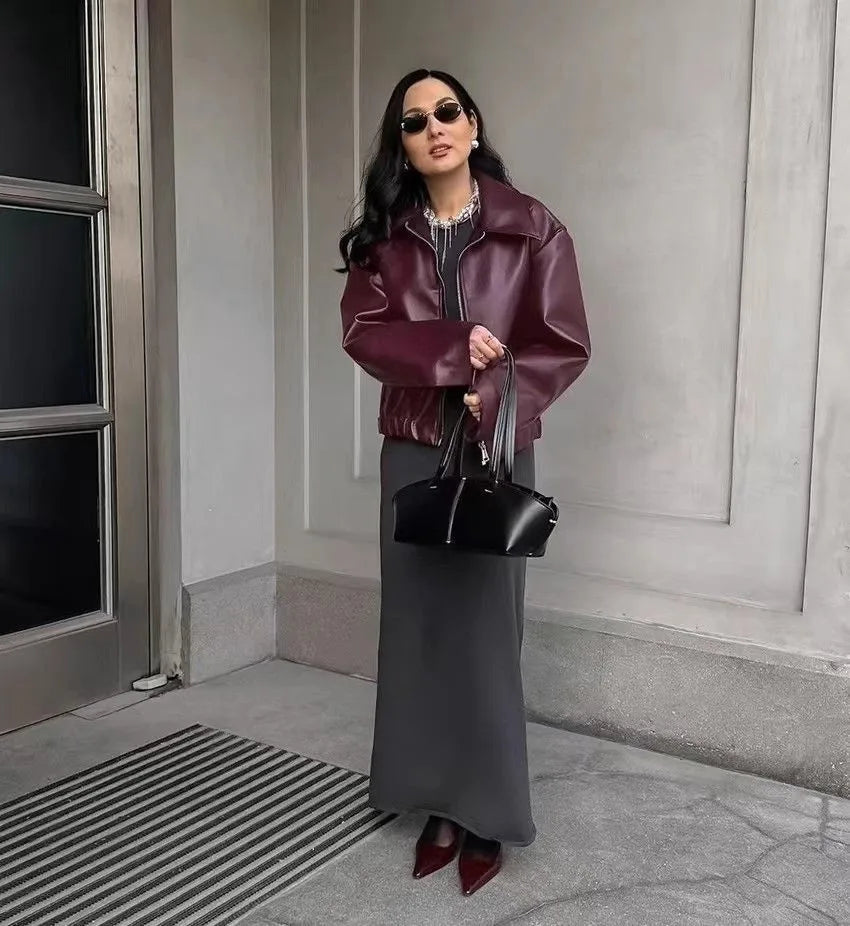 Autumn Winter Retro Leather Jacket 2026 New Women's PU Leather Jacket Short Lapel Motorcycle Loose Coat Women's Biker Leather Coat
