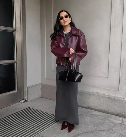 Autumn Winter Retro Leather Jacket 2026 New Women's PU Leather Jacket Short Lapel Motorcycle Loose Coat Women's Biker Leather Coat