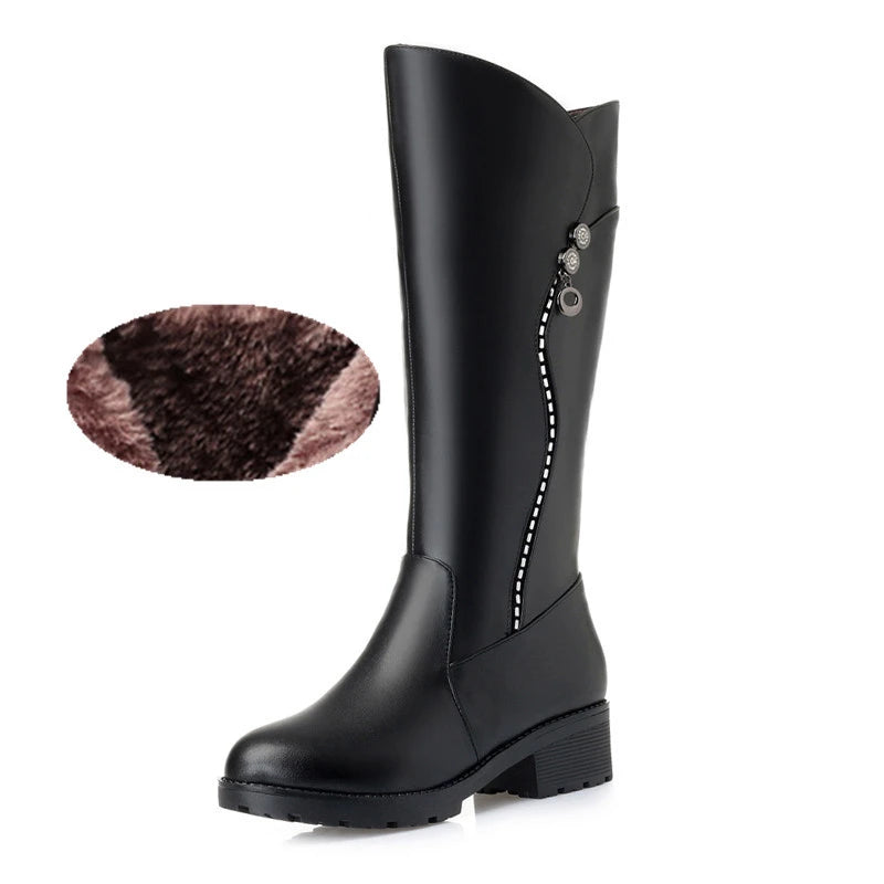 WOIZGIC, botas de piel auténtica para mujer, plataforma de lana para nieve, piel de felpa, cálido invierno, tacón medio con cremallera de talla grande 42 43